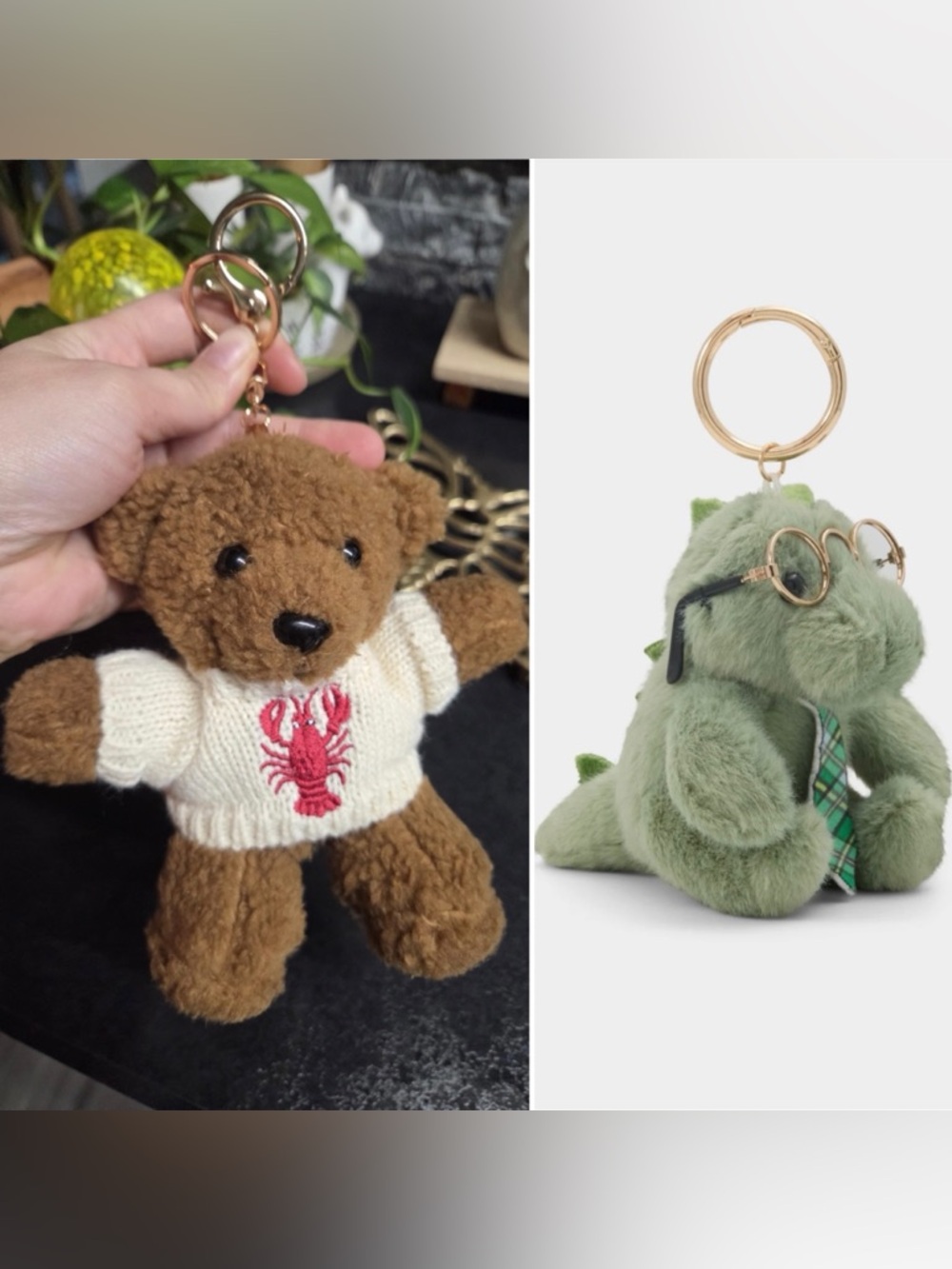 Brown Plush Bear with Knit Sweater or Green Dinosaur Bag Charm - Pick 1!